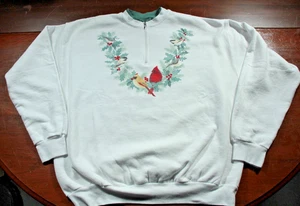 Vintage Hanes Christmas Sweatshirt Holiday Winter Birds Quarter Zip XL - Picture 1 of 3