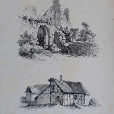 Burg Fachwerkhaus Zeichen Schule für Lehrer Wilhelm Hermes Verlag Lithografie - Bild 1 von 3