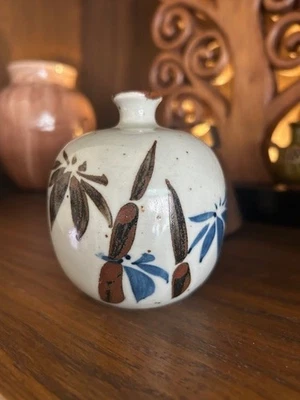 Jarrón vintage de gres decorativo con tema de bambú tono tierra Japón usado en excelente estado Foto 1 de 4