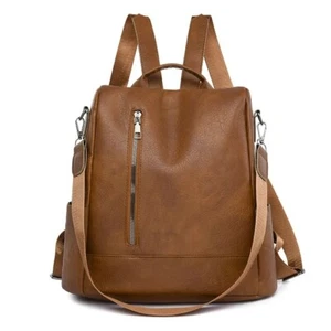 Genuine PU Leather Backpack Bag Women Purse Anti-theft Brown Vintage Small - Picture 1 of 2