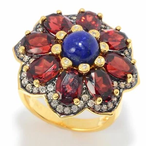 Meher's Jewelry Vermeil SS Lapis, Garnet & White Zircon Flower Ring - Picture 1 of 5