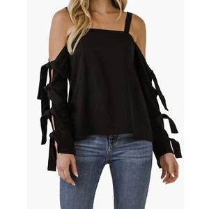 Anthropologie Endless Rose Woman Black Tie Sleeve Cold Shoulder Top, Size S - Picture 1 of 8