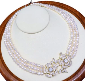Natural 6-7mm 3 row white Freshwater Pearl Necklace CZ pendant  - Picture 1 of 5