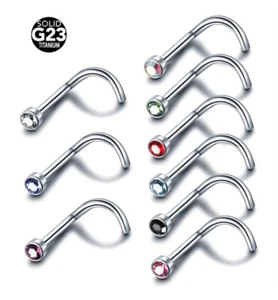 Nose Stud Screw Hook Curve G23 Titanium Coloured Gem Bone Pin Straight Piercing - Picture 1 of 11
