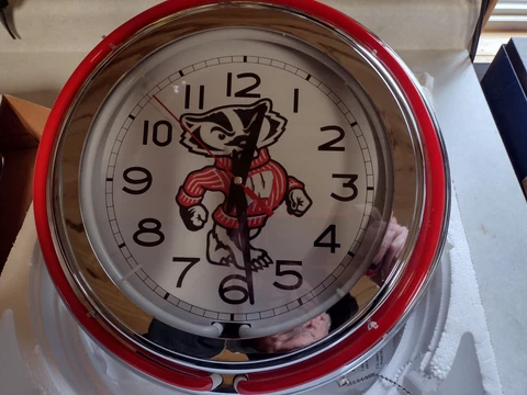 Wisconsin Badgers HBS Neon Red Badger College Battery Powered Wall Clock (15") Cover