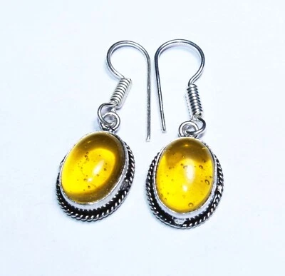 Lindo brinco de pedra preciosa âmbar formato oval feito à mão tamanho 1,5 polegadas - Imagem 1 de 4