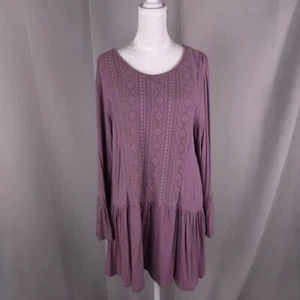 Womens Top Large Dusty Purple Embroidered Boho Shift Tiered Tunic Cottage Boho - Picture 1 of 8