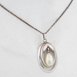 Zierliche Florale Vintage Silber 835 Halskette Collier mit Perle - 44 cm  - Picture 1 of 4