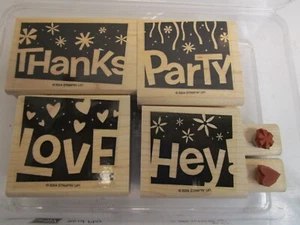 2004 Stampin' Up set of 6 stamps "Word Play" Thanks Party Love Hey Heart Flower - Picture 1 of 3