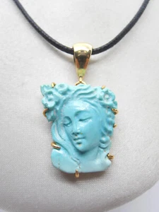 Pendentif en or Jaune 18 KT Avec Camée En Turquoise Naturel - Picture 1 of 8