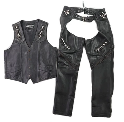 UNIK US Mens 40 Large Black Leather Beaded Native American Bilker Vest Chaps Set - Image 1 of 4