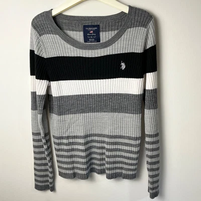 US Polo Assn. Suéter Gris Negro Rayas Para Mujer Talla XL Clásico Informal Acogedor Usado en Excelente Condición Foto 1 de 4