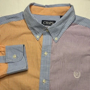 Chaps Men's Color Block Shirt L Large Long Sleeve Easy Care Gingham Check - Picture 1 of 4