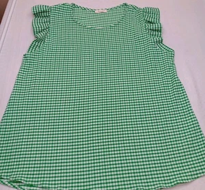 Les Amis White Green Check Blouse Lg Flutter Sleeve Top Easy Care USA - Picture 1 of 7