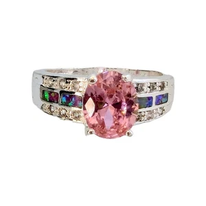 Oval Cut Lab-Created Pink Diamond Opal 925 Ring Size 9 - Picture 1 of 9
