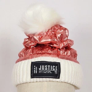 Justice Rose Gold Metallic Puffer Quilted w/White Pom Pom Girls Beanie Cap - Picture 1 of 12