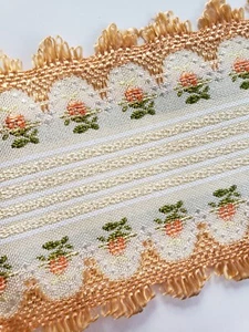 Vintage Orange and Cream Jacquard Brocade Ribbon Trim with Roses 2.66 yards - Picture 1 of 2