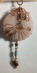 NECKLACE ENHANCER COPPER WRAPPED PINK QUARTZ WITH DANGLE TURQUOISE ACCENT - Picture 1 of 8