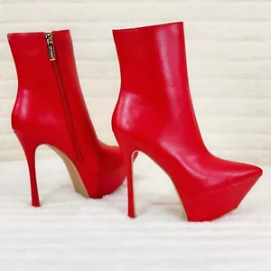 Kinder Pointy Toe Platform Stiletto Heel Ankle Boots Bright Red Vegan Leather - Picture 1 of 11