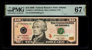 Cool Serial Number 2009 $10 Federal Reserve Note Atlanta PMG GEM UNC 67 EPQ - Picture 1 of 2