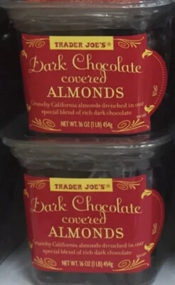 2 PACK TRADER JOE'S DARK CHOCOLATE COVERED ALMONDS 16 OZ EACH KOSHER - Image 1 of 2