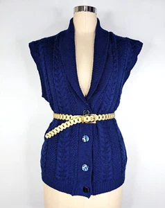 Woodward Vintage 90s Women Navy Blue Cable Knit Collar Vest Size 10 12 14 16 - Picture 1 of 5