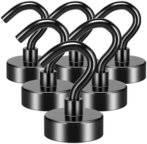 6 Pack Magnetic Hooks 25 Lbs Strong Neodymium for Hanging and Grill Fridge-Black - Picture 1 of 6