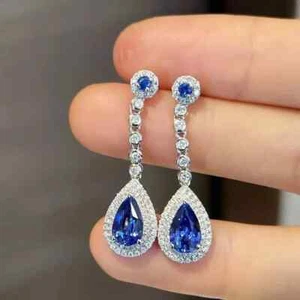 2.94 Ct Pear Cut Natural Blue Sapphire Diamond Earring Stud 14K White Gold - Picture 1 of 4
