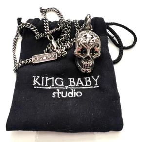 King Baby Silver Dia de Muertos (day of the dead) Skull pendant & curb chain - Picture 1 of 7