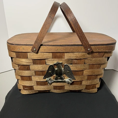 Vintage PICNIC BASKET Woven Hinged Wooden Lid 2 Handles Eagle Emblem Americana Cover