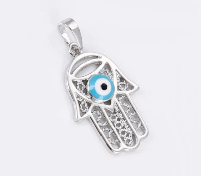 Evil Eye Hamsa Hand of Fatima Judaica Kabbalah Charm Pendant Necklace Rhodium  - Image 1 of 4