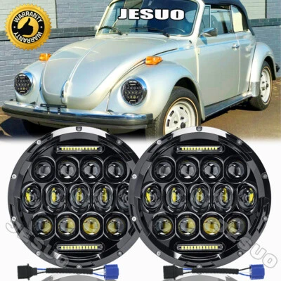 For 1950-1979 VW Beetle Pair 7" inch Round LED Headlights Hi/Lo Beam Chrome DOT - Image 1 of 4