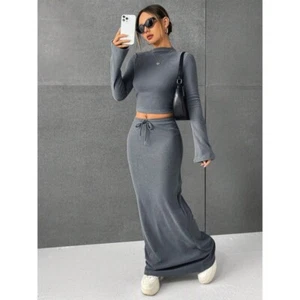 Loose Casual Solid Color Long Sleeve Dress Two-piece Set - Picture 1 of 1