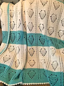 Handmade Crochet blanket Turquoise & White 60x70” Beautiful! - Picture 1 of 4