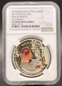 2013 COOK ISLANDS $5 SOYUZMULTFILM 75TH ANNIV. PUSS IN THE BOOTS - NGC PF68 UC - Picture 1 of 7