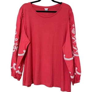 T-shirt donna Chico’s taglia 4 XXL ricamata maglia top popeline manica lunga - Foto 1 di 10