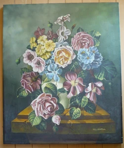 SCHOUTEN, VINTAGE FLORAL FLOWERS STILL LIFE OIL PAINTING CANVAS REALISM COLORFUL - Picture 1 of 17