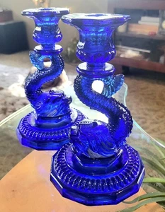Paar Vintage Kobalt Portieux Vallerysthal Koi Kerzenständer - 8" - Bild 1 von 2