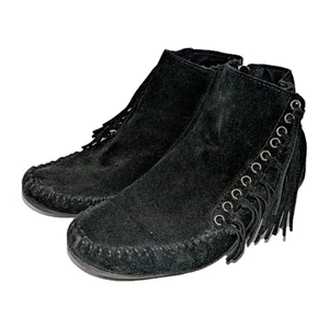 Minnetonka Moccasins Willow Ankle Boots Black Suede Bootie Fringe Zip Shoes 9 A+ - Picture 1 of 17