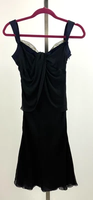 Vintage NINA RICCI Black Silk Chiffon Silk Dress - Brown Navy Trim - Size 36/4 - Image 1 of 4