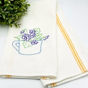 VTG French Linen Flax Tea Towel Embroidered Cup Violet Flowers Yellow Stripe - Picture 1 of 13