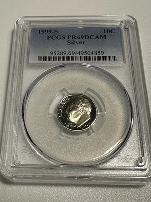 Moneda de diez centavos Roosevelt de plata 1999-S prueba de PCGS 69 camafeo profundo Foto 1 de 2
