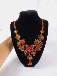Statement Bib Necklace Gold Filigree Rhinestone Floral Victorian Costume Jewelry - Picture 1 of 7