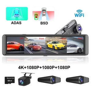 12" Touch Rearview Mirror 4 Channels 4K Dash Cam With ADAS BSD Parking Monitor - Picture 1 of 20