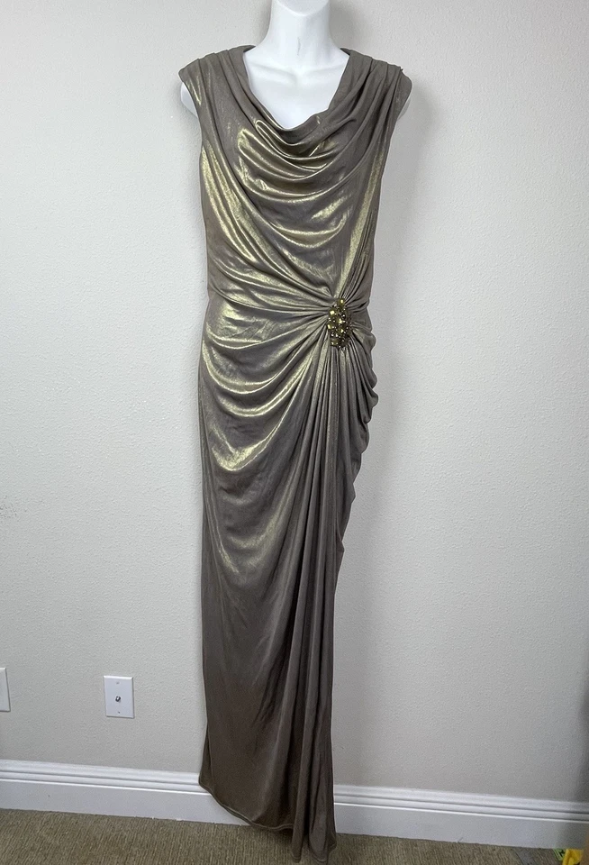 Maxi Vestido Formal Tadashi Shoji Bronce Dorado Talla 6 Acanalado Drapeado Invitado de Boda Foto 1 de 4