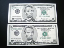 (2)$5 1999 ((BF CONSECUTIVE#))FEDERAL RESERVE CHOICE UNC GEM BU NOTE