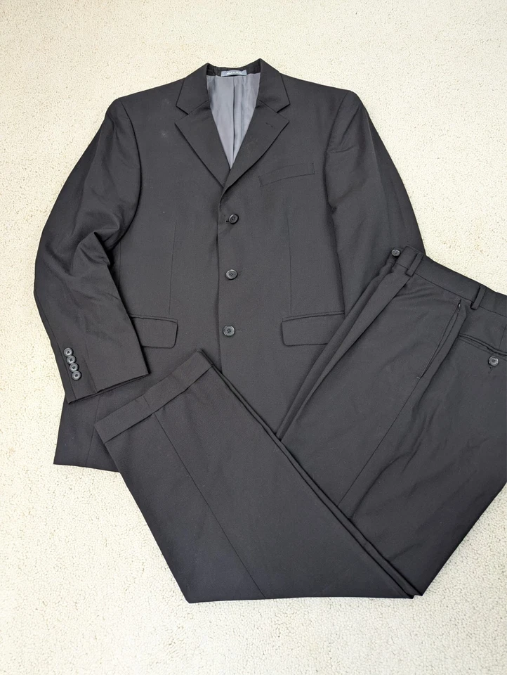 Oscar De La Renta Suit Mens 42R 34x29 Black Wool 2 Piece Jacket Pants Vintage - Image 1 of 4