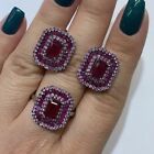 Natural Ruby Gemstone Pave Diamond Ring Earring Jewelry Set 925 Sterling Silver