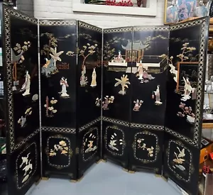 Mid 20th Century Vintage Handpainted Chinoiserie Black Lacquer Screen - Picture 1 of 5
