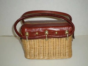 Vintage Encore Women's Wicker Box Purse Leather Trim Made In Hong Kong 60's - Picture 1 of 8